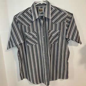 Ely Cattleman Western Shirt Size XL Short Sleeve Pearl Snap Grey White Stripes